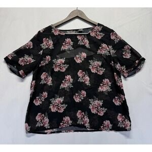 H&M Divided Blouse Top Size 12 Womens Black Pink Floral Print Sheer Mesh Cutout